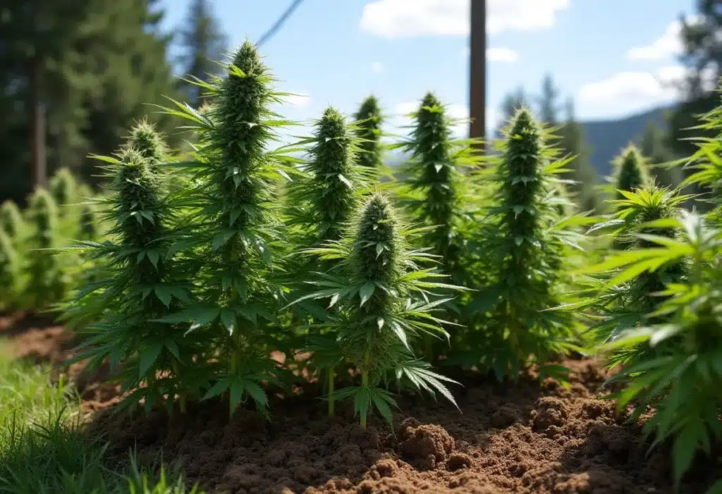 Outdoor Critical x Cheese Candy cannabis plants with dense, resinous buds growing in natural sunlight.
