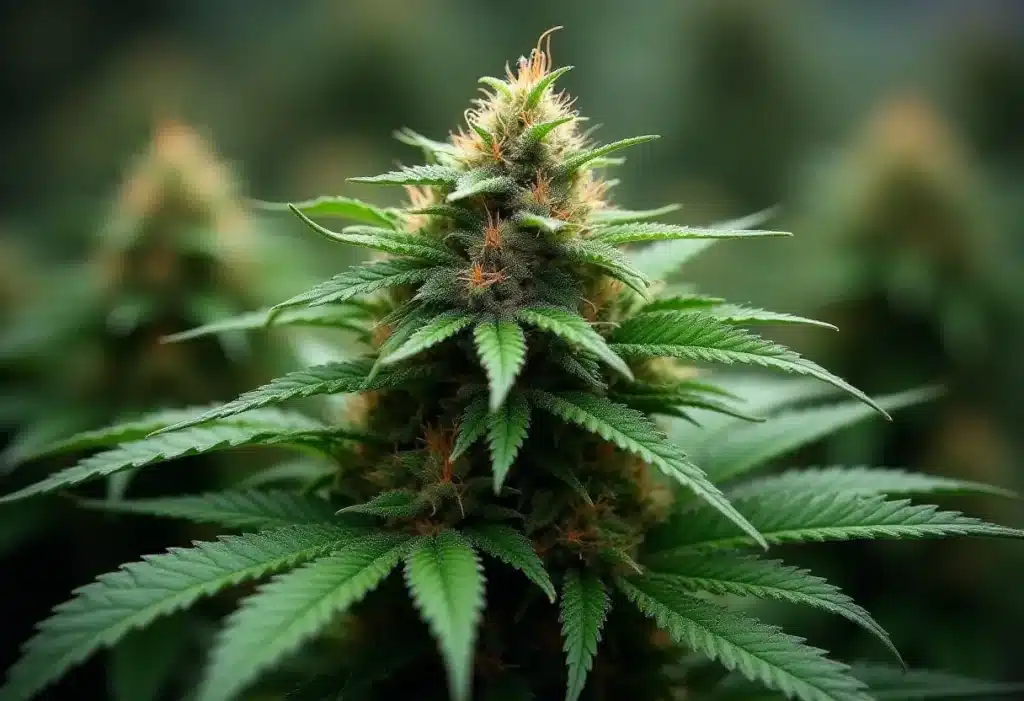 Critical x Green Crack showcases resin-rich buds with orange pistils, known for potent effects, strong aroma, and excellent production capacity.