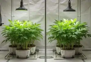 Critical x Green Crack indoor plants under LED grow lights.