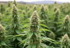 Critical x Somango cannabis plant with dense buds in outdoor cultivation.