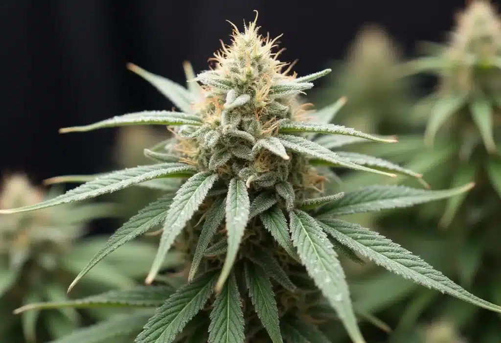 Crystal Candy Auto cannabis bud with resin-covered trichomes.