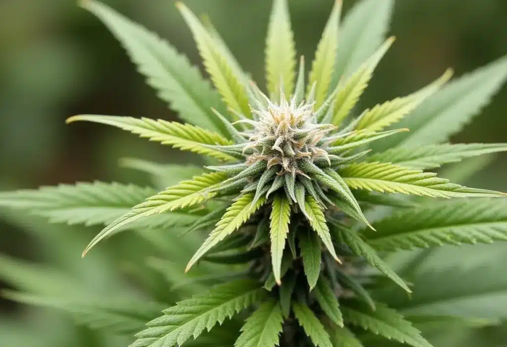 Crystal Candy Auto cannabis plant in flowering stage with white pistils.