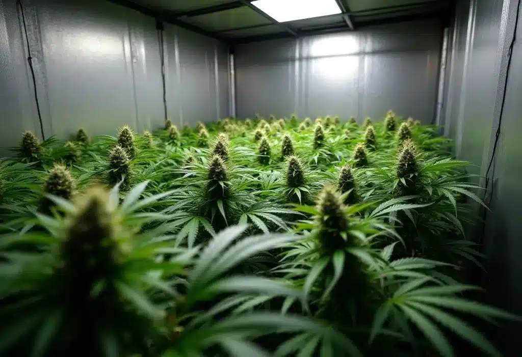 Crystal Candy Auto cannabis plants thriving indoors under LED grow lights. Productive autoflower strain known for sweet flavors and high resin yields.