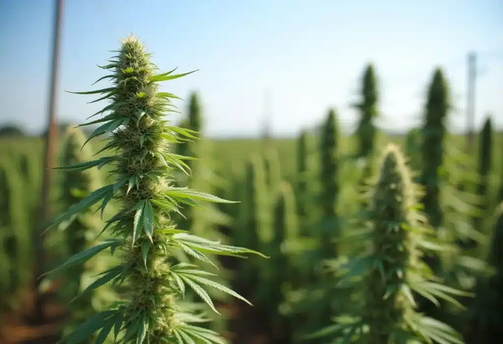 Outdoor Dama Blanca cannabis plants growing tall in the sun.