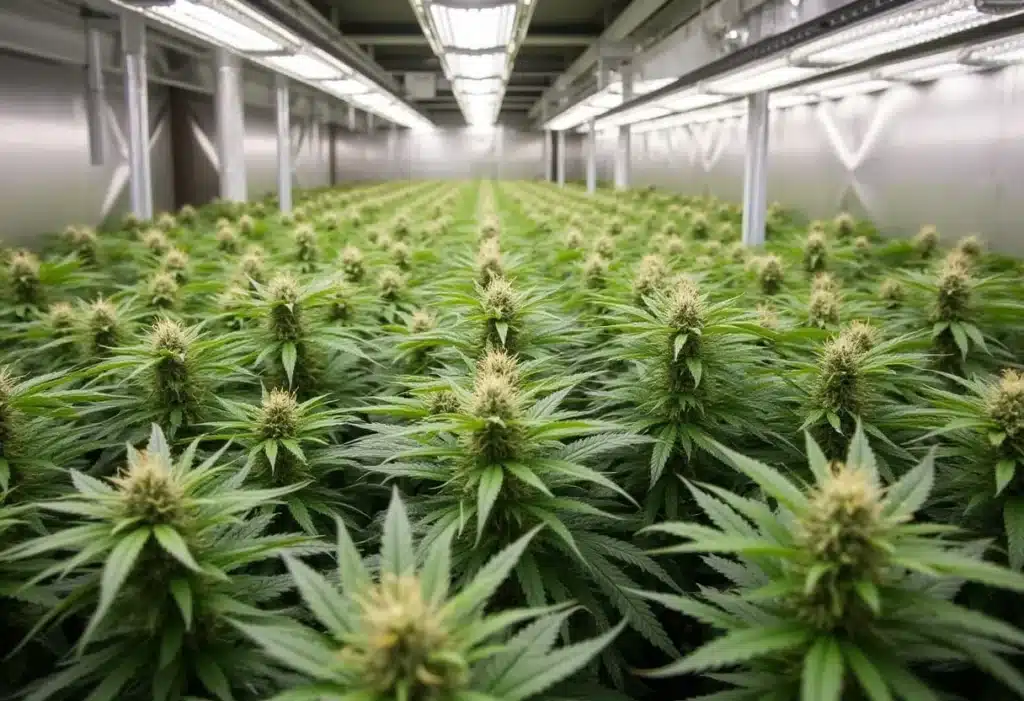 Indoor cultivation of Dama Blanca cannabis plants under LED grow lights.