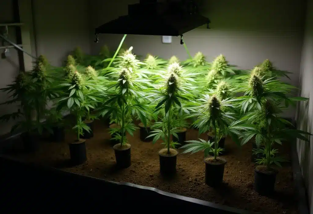 Multiple Dark Star Fast Version cannabis plants flourishing indoors under LED grow lights, producing thick buds and quick harvest cycles.