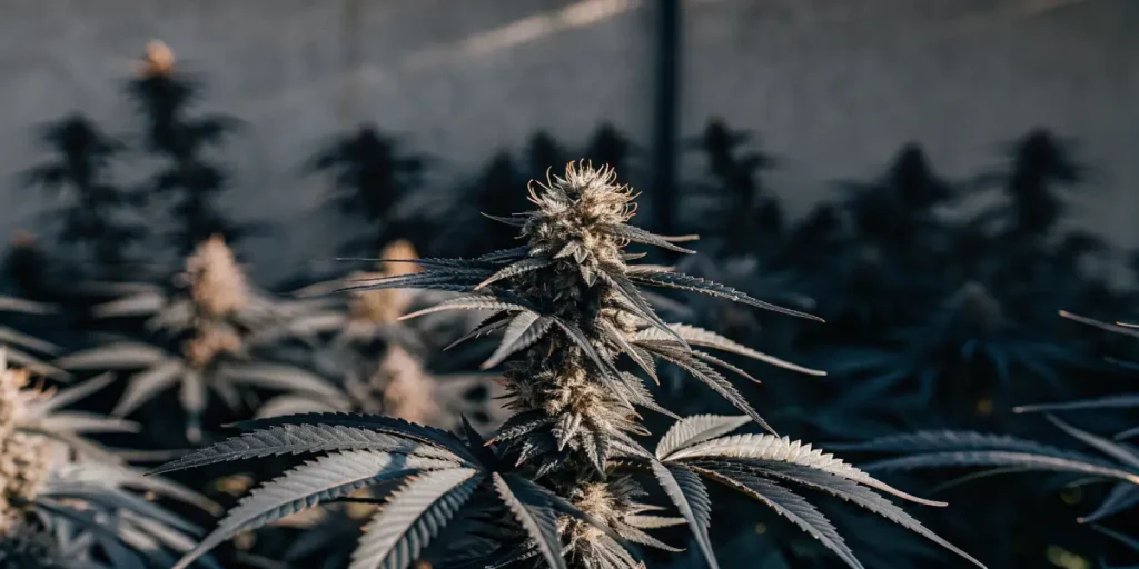 Close-up of a dark-toned cannabis main cola with a frosty appearance.