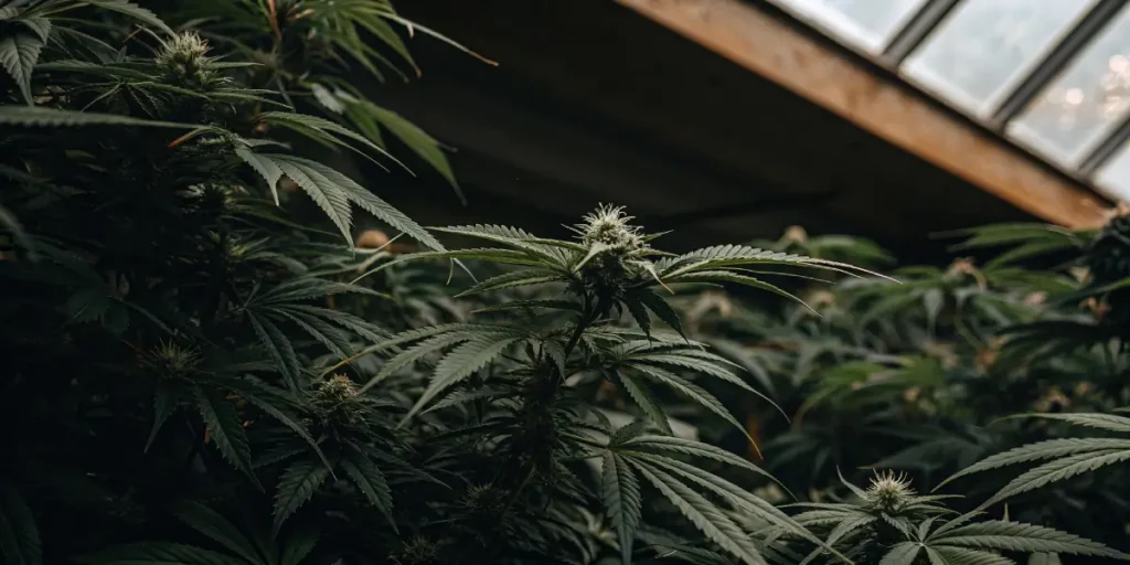 Macro shot of lush cannabis plants in a dim greenhouse