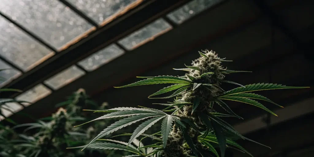 Close-up of a dark green cannabis plant under a greenhouse roof.