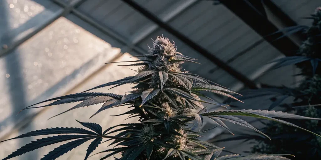 Close-up of a dark-toned cannabis plant with prominent buds in a greenhouse.