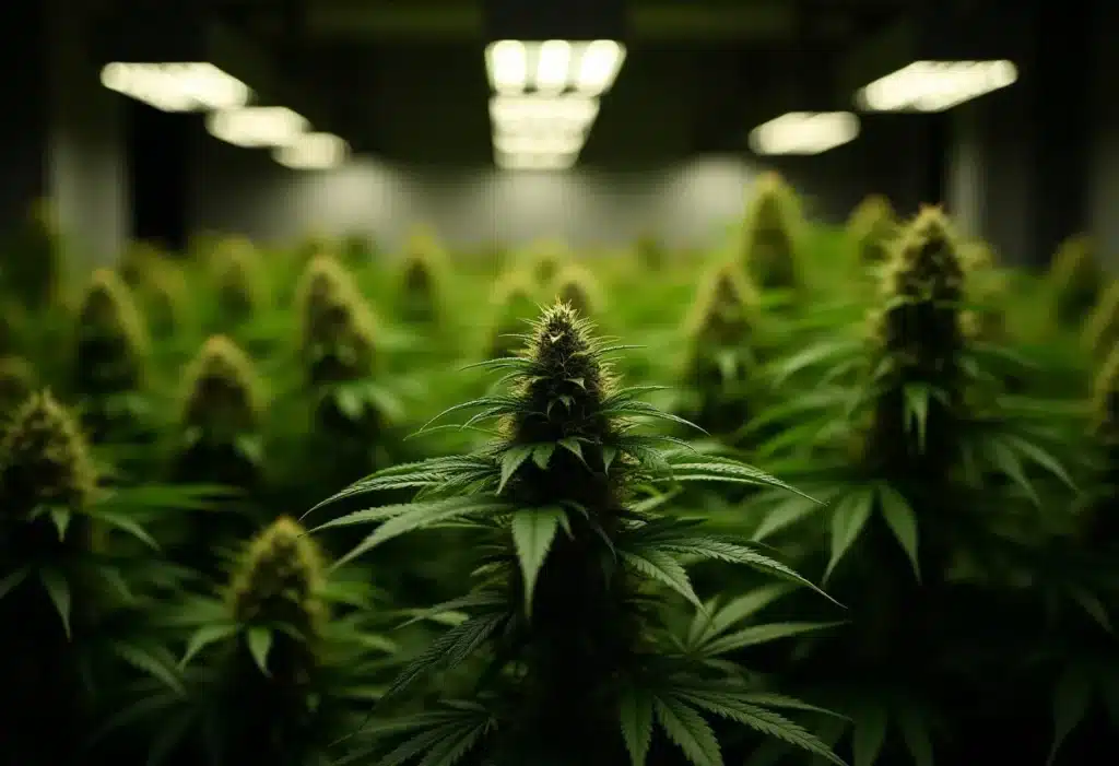 Indoor grow room filled with Deimos Auto cannabis plants in bloom.