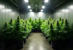 Devil XXL Autoflower cannabis plants in pots under LED lighting.