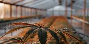 Close-up of cannabis leaves with dew drops, long rows in a greenhouse.