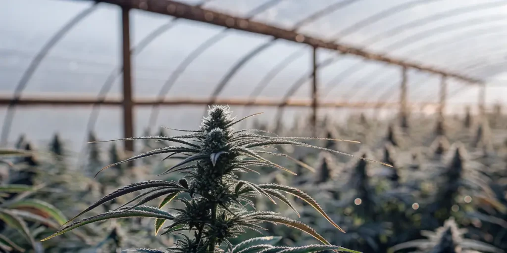 A lush cannabis plant with a dewy, frosty appearance in a greenhouse.