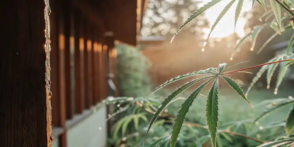 Close-up of a cannabis leaf with glistening dew drops in the morning light.