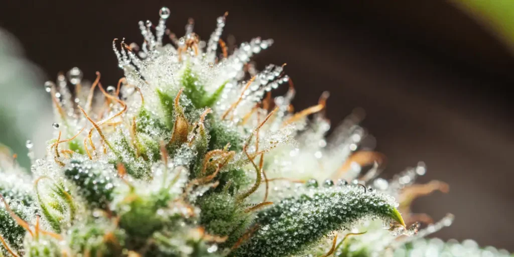 Macro photo of a cannabis bud with glistening trichomes and dew drops.