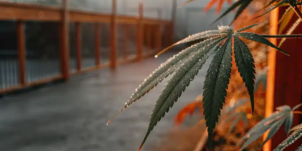 Close-up of a cannabis leaf covered in dew drops under hazy morning light.