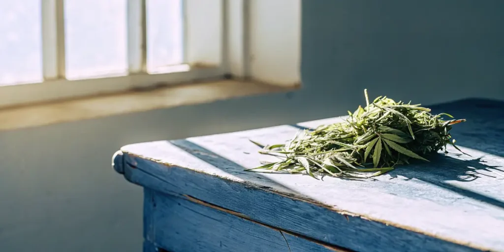 Close-up of a pile of dried cannabis leaves on a rustic blue table.