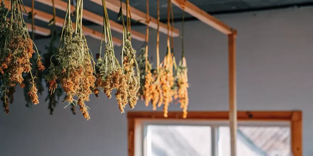 Freshly harvested cannabis buds hanging to dry in a sunlit room.