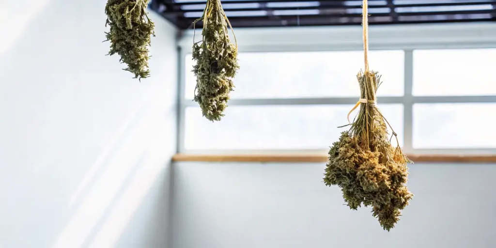 Freshly harvested cannabis buds hanging to dry in a bright, white room.