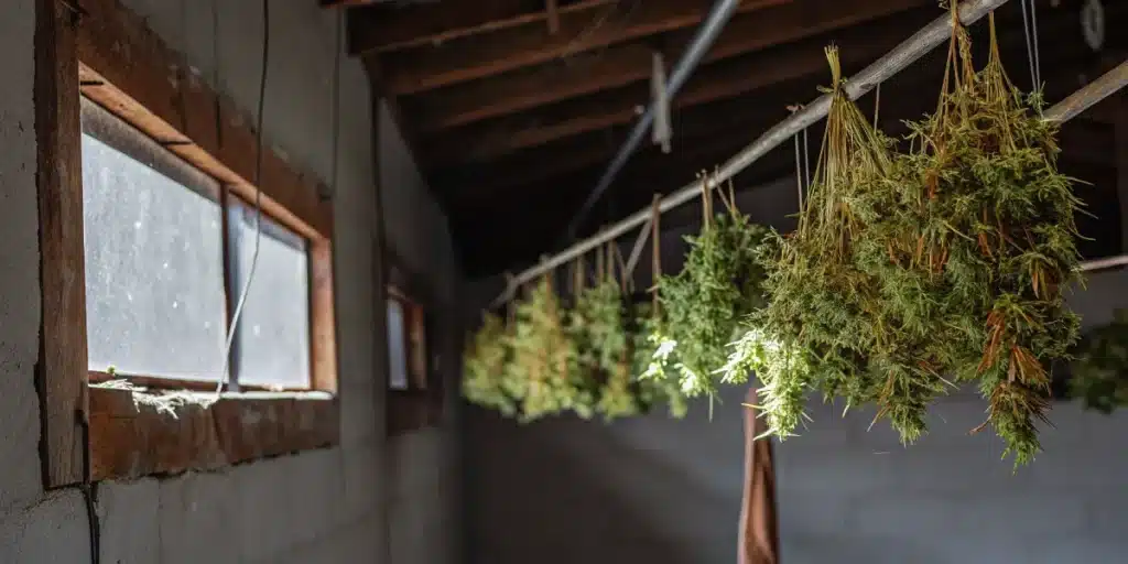 Freshly harvested cannabis buds hanging to dry on lines in a dimly lit room.
