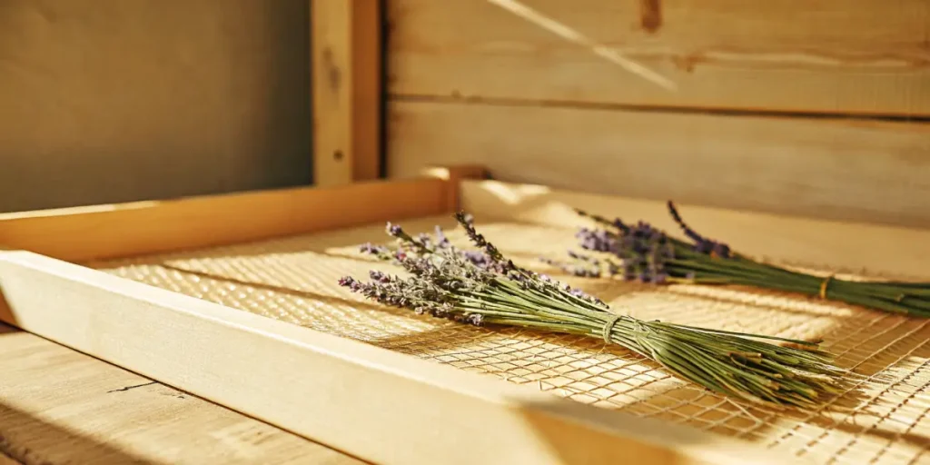 Macro shot of fresh lavender bunches on a wooden drying mesh.