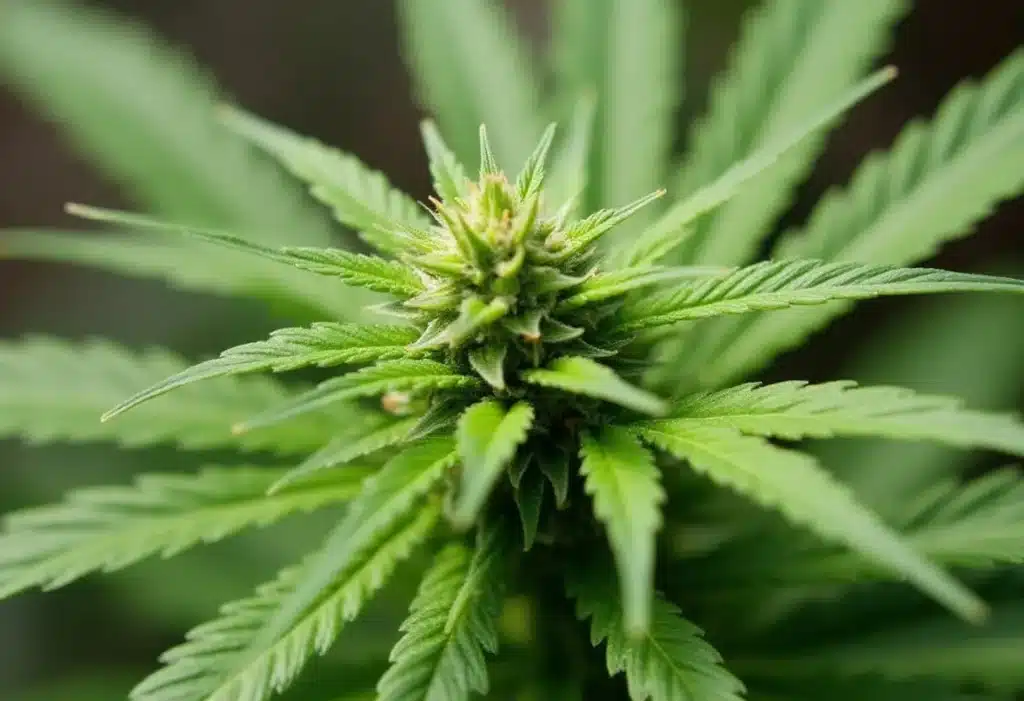 Critical x Green Crack in its pre-flowering phase, developing dense bud sites and resin production, promising high yields and strong effects.