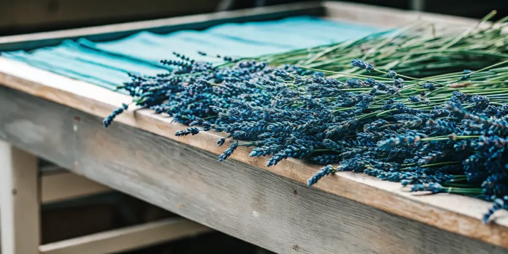 Close-up of freshly harvested blue lavender flowers on a wooden table.