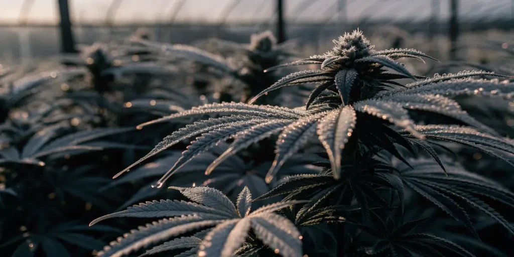 Close-up of a frosty cannabis plant with dew drops in a greenhouse at dawn.