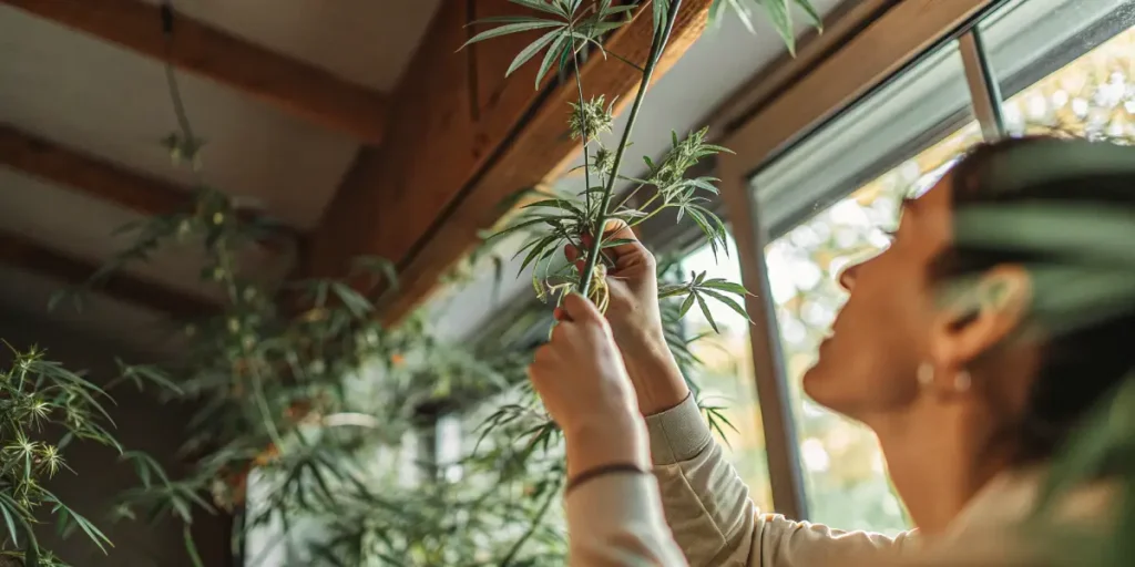 A person's hands tying down a cannabis plant branch with a blue strap.