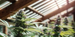 Close-up of a cannabis strain with glistening buds in a sunlit greenhouse.