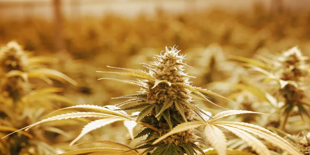 Close-up of a dense cannabis bud in a golden-hued, sunlit grow room.