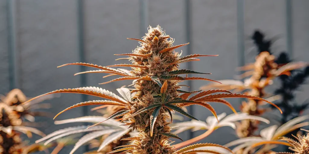 Close-up of a golden-hued cannabis main cola with prominent buds.
