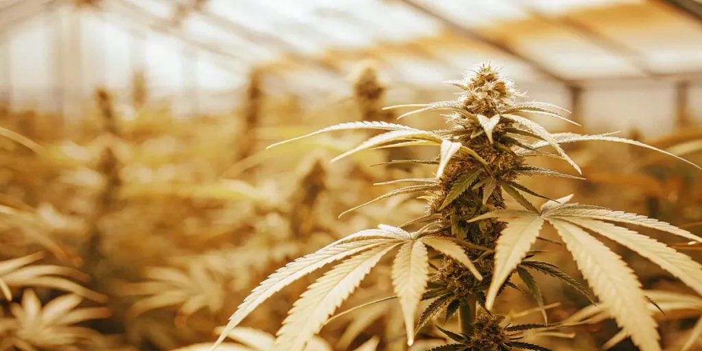 Close-up of a golden cannabis plant with prominent buds in a sunlit field.