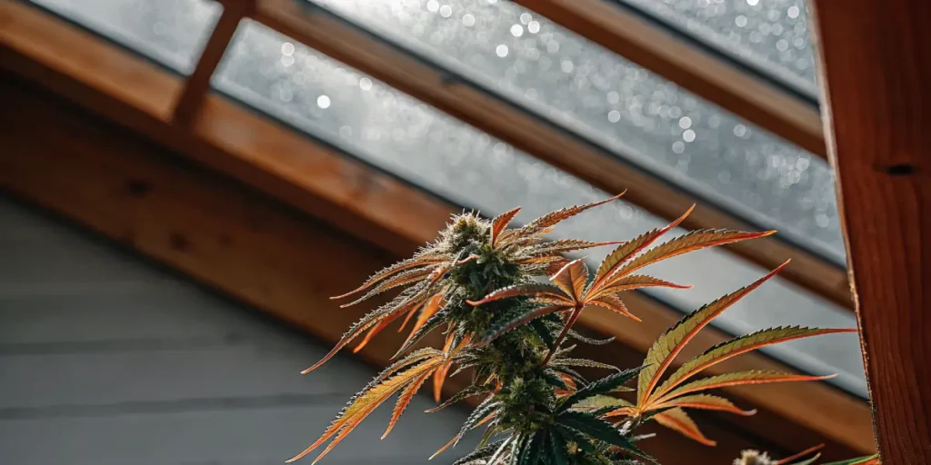 Cannabis plant with reddish leaves and prominent buds in a sunlit greenhouse.
