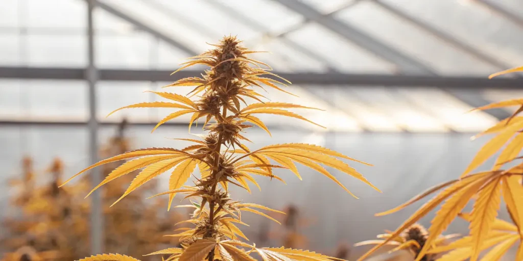 Close-up of a golden-hued cannabis plant under bright greenhouse light.