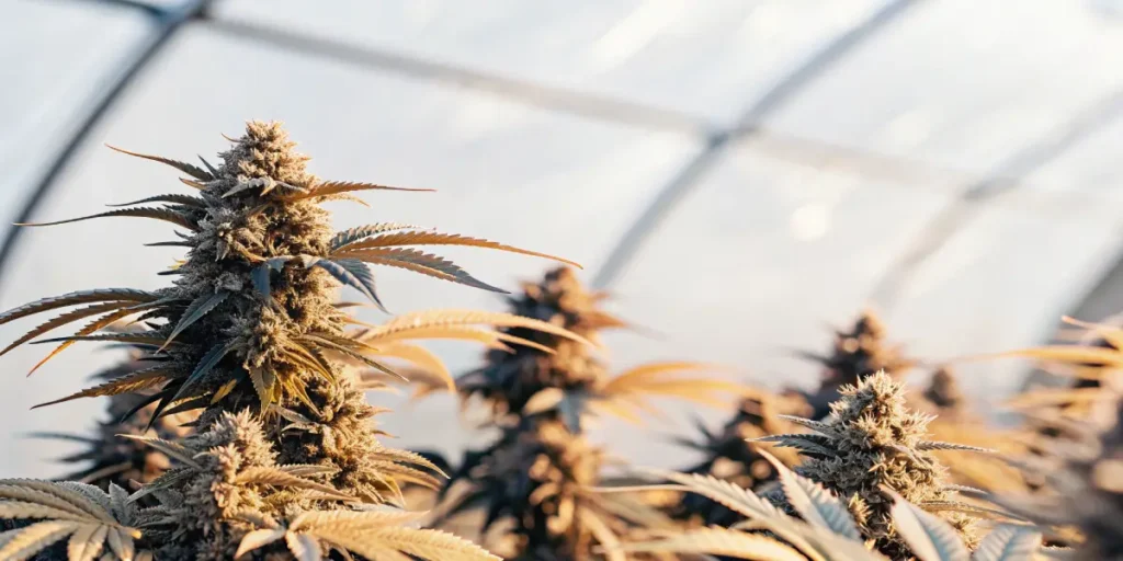 Close-up of golden-hued cannabis buds with glistening trichomes in a greenhouse.