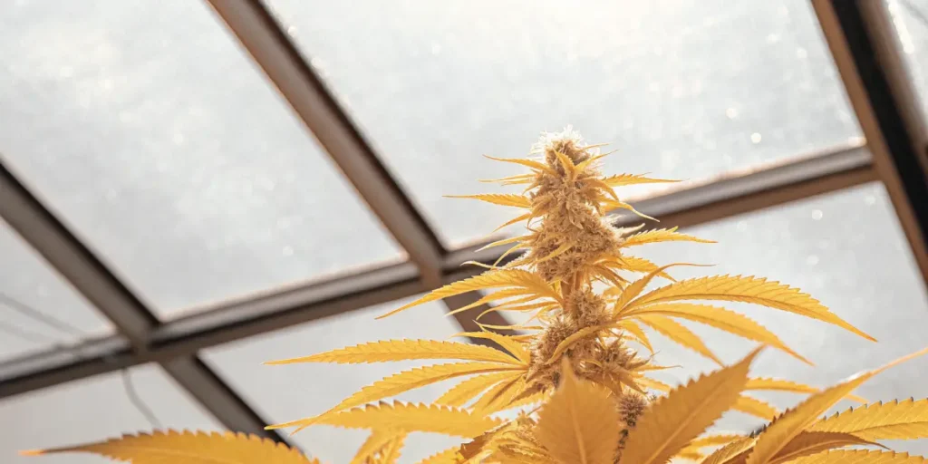 Close-up of a golden-hued cannabis plant under sunlit greenhouse roof.