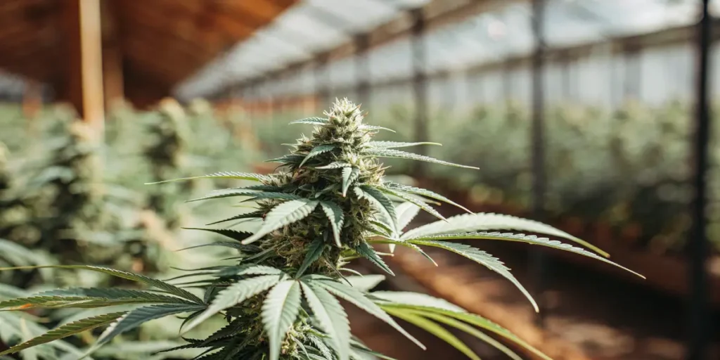 Close-up of a cannabis bud in a greenhouse with a sunlit background.