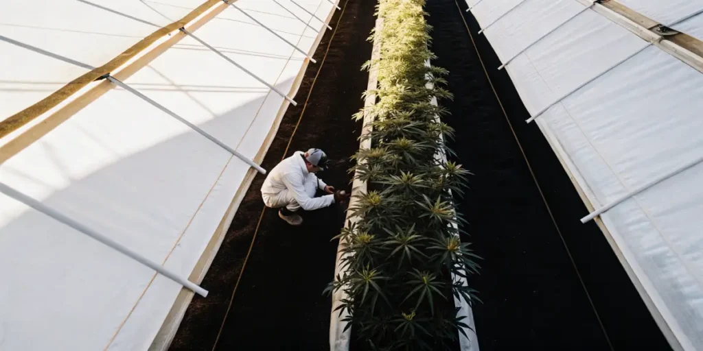 Overhead shot of a worker kneeling in a greenhouse with cannabis plants.