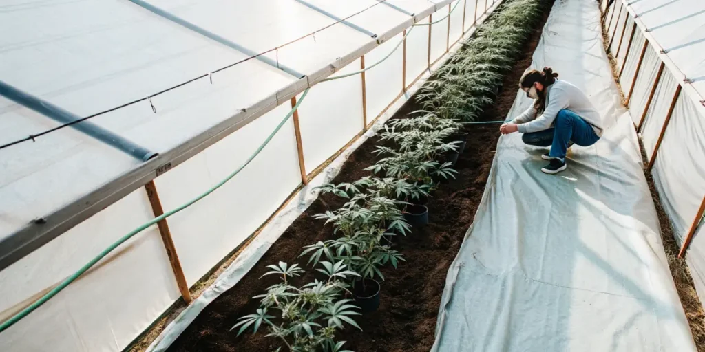 Greenhouse worker tending to a row of young cannabis plants in pots.