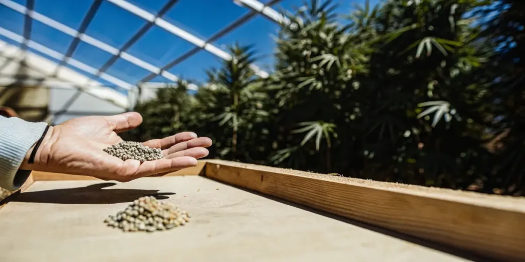 Hand gently holding a small pile of cannabis seeds in a greenhouse.
