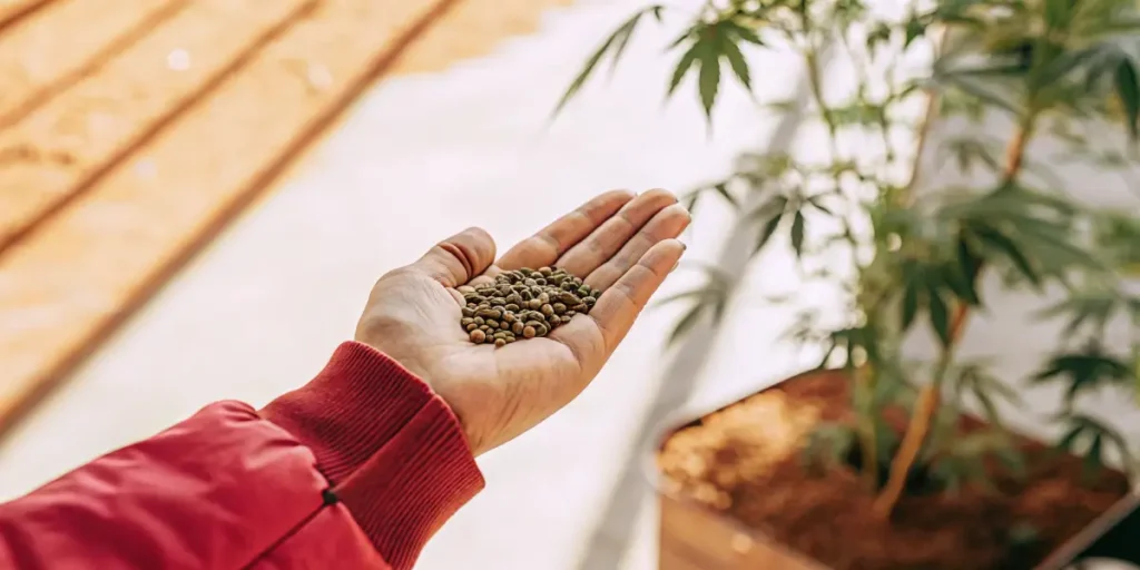 A hand holding a handful of small brown seeds near a potted cannabis plant.
