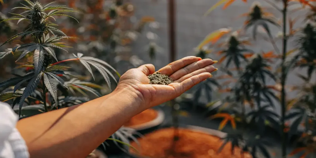 A hand gently holding a handful of dark soil near cannabis plants.