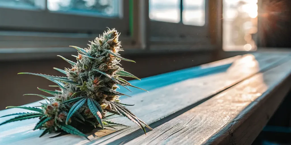 Macro photo of a freshly harvested cannabis bud on a sunlit wooden surface.
