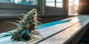 Macro photo of a freshly harvested cannabis bud on a sunlit wooden surface.