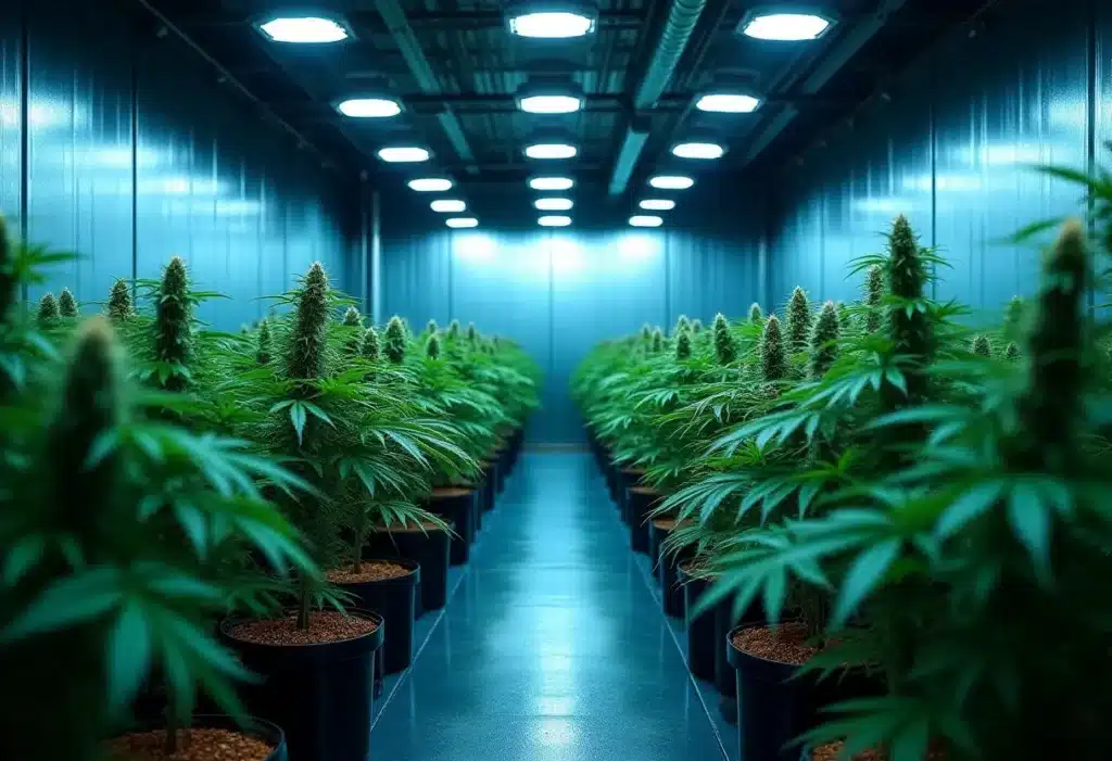 Critical Blue cannabis thriving in a controlled indoor grow room with LED lighting, known for high yields, dense buds.