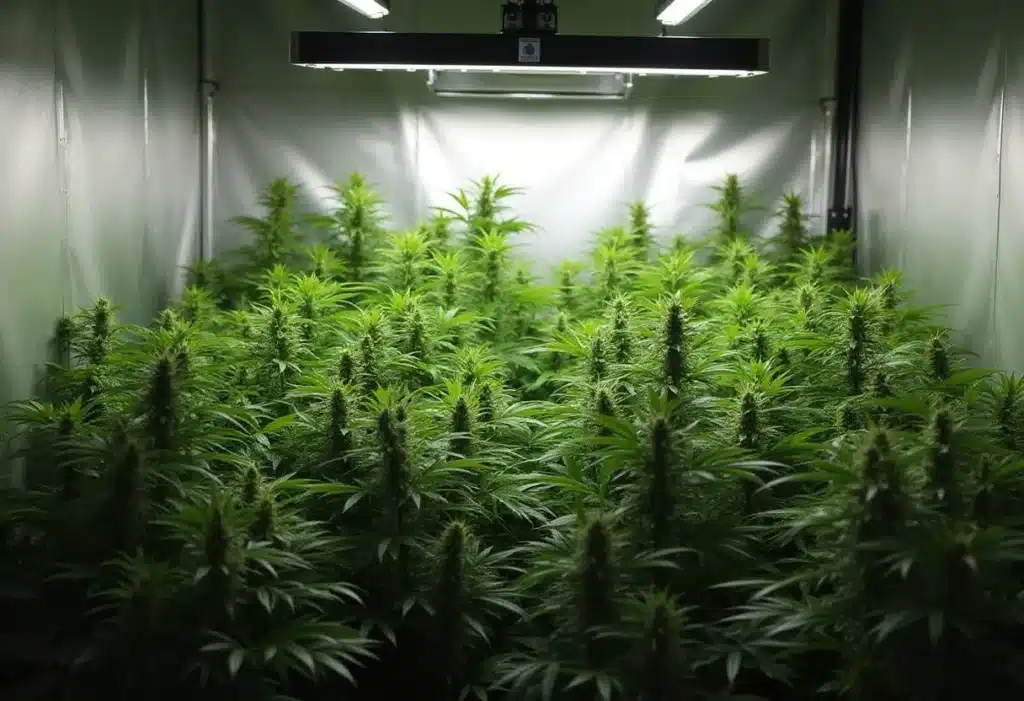 Indoor cultivation of Dama Blanca cannabis with uniform growth and resinous buds, offering strong potency, high yields, and rich aromatic flavors.