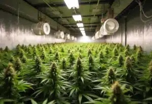 Indoor cultivation of Deimos Auto cannabis plants under grow lights.