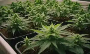 Indoor grow of Critical 2.0 Auto plants in early flowering stage.